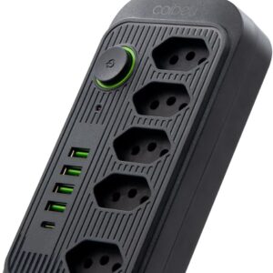 Extensão Tomada, Régua Tomada, Régua de Energia, 5 Tomadas, 4 Interfaces USB, 1 Porta USB Tipo-C, Cabo de Alimentação de 5 metros, Suporte a Tensão de 110-220V, Potência de 2500W, Preto - Imagem 1