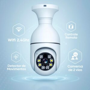 Câmera Lampada De Segurança Inteligente Ip Wifi Com Visão Noturna Vigilancia Interna Externa Giratoria Espiã 360º Cor Branco - Imagem 3