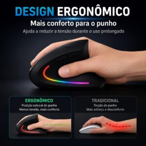 Mouse Vertical Ergonômico Recarregável Sem Fio, Dual Mode Bluetooth + 2.4G USB, Cliques Silenciosos, RGB, Compatível com PC e Notebook - Imagem 2