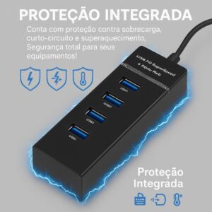 HUB USB 3.0 4 Portas Supervelocidade 5GBPS Indicador LED, Multiuso Compacto e Portátil, Transferência Rápida de Dados, Compatível c/Pen Drive, PC, Impressora, Mouse, Teclado, Console - Imagem 3