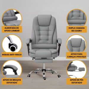 Cadeira De Escritório Itália Presidente Ergonômica Couro Sintético Encosto Ajustável Com Trava E Apoio Para Pés Cor Preta Luvinco (Cinza) - Imagem 4