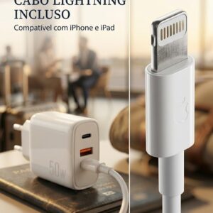 Carregador 50W + Cabo Compatível i.Phone, i.Phone X Xr 8 11 12 13 14 Plus Pro Max i.Pad, Carregamento Ultra Rapido, Fonte USB-C, Carga Rápida, Produto Homologado Anatel - Imagem 7