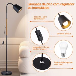 Luminária de Piso com Pescoço Flexível – 160cm de Altura 110V-220V– Base Pesada em Metal – Interruptor no Cabo – Lâmpada 5W Inclusa – Para Quarto, Sala ou Escritório – Cor Preta (Preto) - Imagem 4
