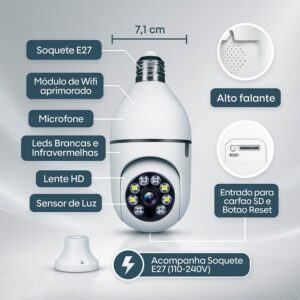 Câmera Lampada De Segurança Inteligente Ip Wifi Com Visão Noturna Vigilancia Interna Externa Giratoria Espiã 360º Cor Branco - Imagem 6