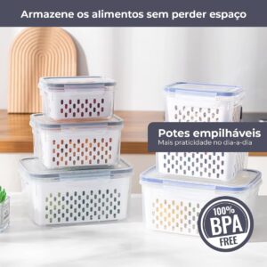 Decolab Kit 3 Potes Herméticos MaxFresh® com Cesto Interno Removível, Organizador para Cozinha e Geladeira, Multiuso, Porta Mantimentos Gerais, Plástico BPA Free - Imagem 4