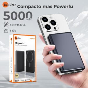 Basike Power Bank, 5000mAh Carregador Ultrafino e Portátil Universal por Indução, PD20W Carregamento Rápido, Compatível com MagSafe, 1 Saída USB C (Cinza, 5000mAh) - Imagem 7