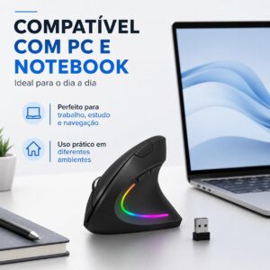 Mouse Vertical Ergonômico Recarregável Sem Fio, Dual Mode Bluetooth + 2.4G USB, Cliques Silenciosos, RGB, Compatível com PC e Notebook - Imagem 7