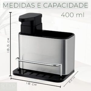 Dispenser para Detergente, Organizador Multifuncional de Pia em Aço Inox com Suporte para Bucha e Utensílios - Imagem 3