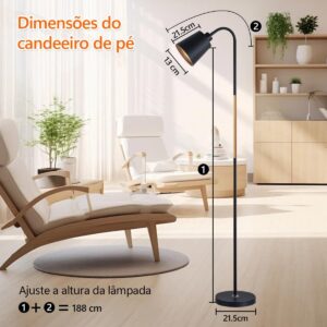 Luminária de Piso com Pescoço Flexível – 160cm de Altura 110V-220V– Base Pesada em Metal – Interruptor no Cabo – Lâmpada 5W Inclusa – Para Quarto, Sala ou Escritório – Cor Preta (Preto) - Imagem 2