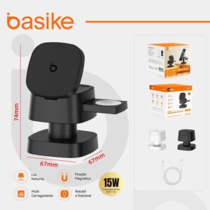 Carregador Sem Fio 4 em 1 Basike - Carregador por Indução15W Rápido Compatível para iPhone 16/15/14/13 Series, Apple Watch, AirPods com Luz de Noturna (Preto) - Imagem 8