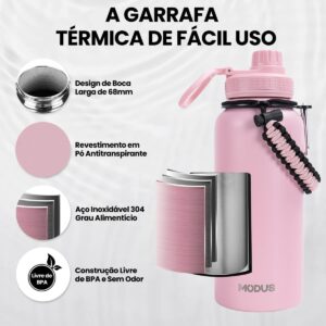 Garrafa Térmica 950ml de Inox, Parede Dupla, Isolamento a Vácuo, Bico Antivazamento, Com Alça de Paracord, Mantém Quente e Gelado (Rosa) - Imagem 6