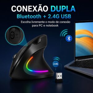 Mouse Vertical Ergonômico Recarregável Sem Fio, Dual Mode Bluetooth + 2.4G USB, Cliques Silenciosos, RGB, Compatível com PC e Notebook - Imagem 3