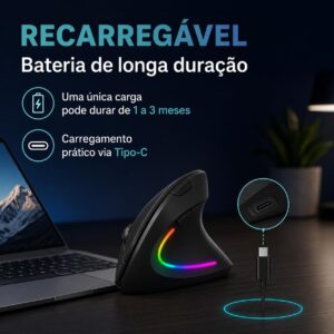 Mouse Vertical Ergonômico Recarregável Sem Fio, Dual Mode Bluetooth + 2.4G USB, Cliques Silenciosos, RGB, Compatível com PC e Notebook - Imagem 4