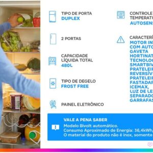 Geladeira/Refrigerador Electrolux Frost Free Inverter 480L Efficient com AutoSense SmartBivolt Duplex Inox Look IT70S - Imagem 3