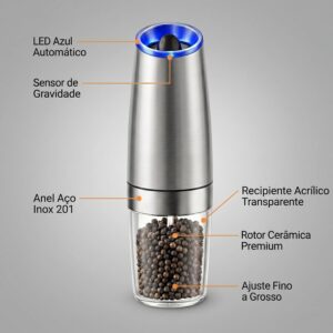 Moedor Eletrico de Sal e Pimenta com Sensor de Gravidade Automático e LED Azul - Mecanismo Ceramico Ajustavel, Operacao com Uma Mao, Inox para Temperos (Prata) - Imagem 3