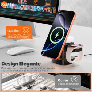 Carregador Sem Fio 4 em 1 Basike - Carregador por Indução15W Rápido Compatível para iPhone 16/15/14/13 Series, Apple Watch, AirPods com Luz de Noturna (Preto) - Imagem 3