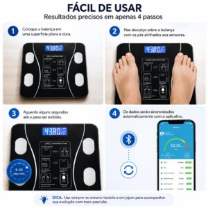Balança Digital Bioimpedância Corporal Bluetooth até 140 kg com App | Mede Peso, IMC, Gordura, Massa Muscular, Água Corporal e Metabolismo | Smart Scale Inteligente Vidro Temperado - Imagem 4