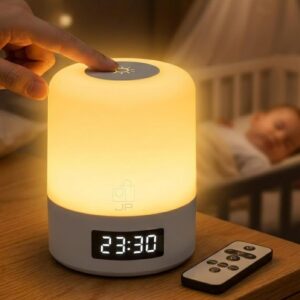 Luminária de Mesa LED Recarregável com Relógio Digital e Controle Remoto, Abajur Touch Ajustavel Sem Fio Portátil, Luz Noturna para Quarto Infantil, Berçário Escritório e Criado mudo - Imagem 1