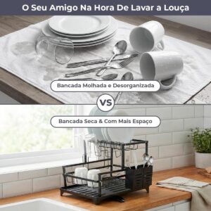 Decolab Escorredor de Louça Duplo Ferro Resistente com Bandeja de Escoamento Automático 360°para Bancada com Porta Talheres Removível e Compacto (Preto, 1 Andar) - Imagem 6