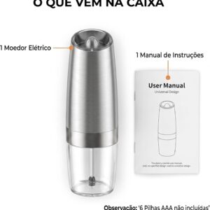 Moedor Eletrico de Sal e Pimenta com Sensor de Gravidade Automático e LED Azul - Mecanismo Ceramico Ajustavel, Operacao com Uma Mao, Inox para Temperos (Prata) - Imagem 8
