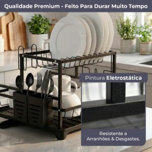 Decolab Escorredor de Louça Duplo Ferro Resistente com Bandeja de Escoamento Automático 360°para Bancada com Porta Talheres Removível e Compacto (Preto, 1 Andar) - Imagem 5