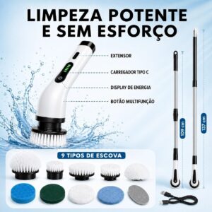 Esfregão Profissional Giratório 9 em 1 Recarregável Mop 360º Potente Portátil Cabo Extensível - Escova Multiuso Elétrica Azulejo Banheiro Cozinha Piso Premium - Imagem 4