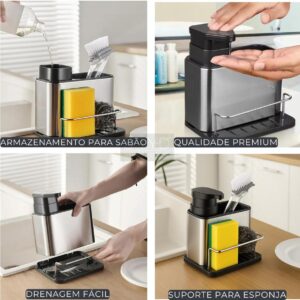 Dispenser para Detergente, Organizador Multifuncional de Pia em Aço Inox com Suporte para Bucha e Utensílios - Imagem 5