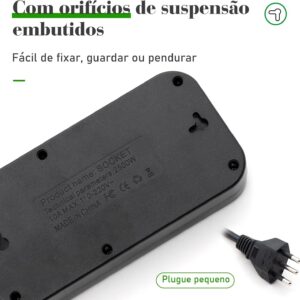 Extensão Tomada, Régua Tomada, Régua de Energia, 5 Tomadas, 4 Interfaces USB, 1 Porta USB Tipo-C, Cabo de Alimentação de 5 metros, Suporte a Tensão de 110-220V, Potência de 2500W, Preto - Imagem 7
