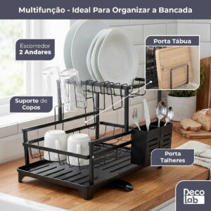 Decolab Escorredor de Louça Duplo Ferro Resistente com Bandeja de Escoamento Automático 360°para Bancada com Porta Talheres Removível e Compacto (Preto, 1 Andar) - Imagem 3