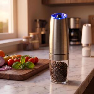 Moedor Eletrico de Sal e Pimenta com Sensor de Gravidade Automático e LED Azul - Mecanismo Ceramico Ajustavel, Operacao com Uma Mao, Inox para Temperos (Prata) - Imagem 1