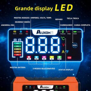 Carregador de Bateria Automotivo Inteligente 12V com Função Reparadora de Pulsos - Display Digital Bivolt para Carro, Moto, Caminhão e Veículos Agrícolas - Imagem 3