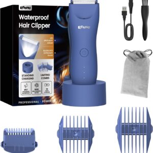 ENSSU Aparador de Pelos para homens, aparador elétrico para a virilha com lâmina cerâmica segura para a pele, à prova d'água para peito, barba e pelos pubianos, com base de recarga (Azul) - Imagem 1