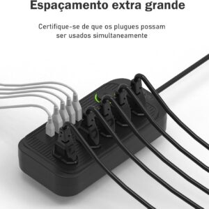 Extensão Tomada, Régua Tomada, Régua de Energia, 5 Tomadas, 4 Interfaces USB, 1 Porta USB Tipo-C, Cabo de Alimentação de 5 metros, Suporte a Tensão de 110-220V, Potência de 2500W, Preto - Imagem 2