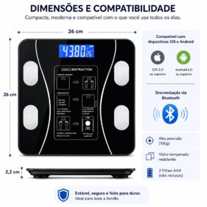 Balança Digital Bioimpedância Corporal Bluetooth até 140 kg com App | Mede Peso, IMC, Gordura, Massa Muscular, Água Corporal e Metabolismo | Smart Scale Inteligente Vidro Temperado - Imagem 5