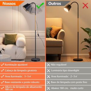 Luminária de Piso com Pescoço Flexível – 160cm de Altura 110V-220V– Base Pesada em Metal – Interruptor no Cabo – Lâmpada 5W Inclusa – Para Quarto, Sala ou Escritório – Cor Preta (Preto) - Imagem 3