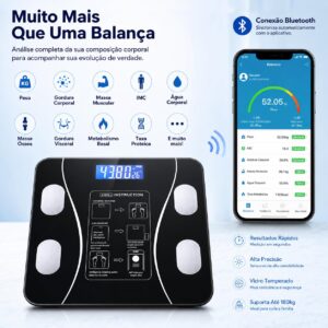 Balança Digital Bioimpedância Corporal Bluetooth até 140 kg com App | Mede Peso, IMC, Gordura, Massa Muscular, Água Corporal e Metabolismo | Smart Scale Inteligente Vidro Temperado - Imagem 2
