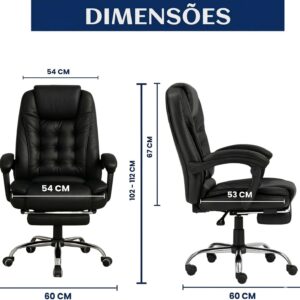 Cadeira Presidente Executiva com Apoio para Pés Retrátil | Couro PU | Reclinável 150° | Home Office e Escritório | Suporte Lombar | Giratória 360° | Preta - Imagem 2