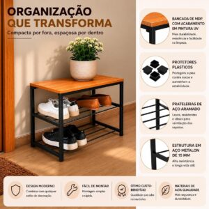 Sapateira Banco Industrial LH Móveis 2 Prateleiras, Cedro | Para Hall/Closet/Quarto, em Chapa de Aço - Imagem 6