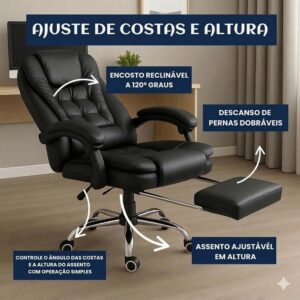 Cadeira Presidente Executiva com Apoio para Pés Retrátil | Couro PU | Reclinável 150° | Home Office e Escritório | Suporte Lombar | Giratória 360° | Preta - Imagem 8