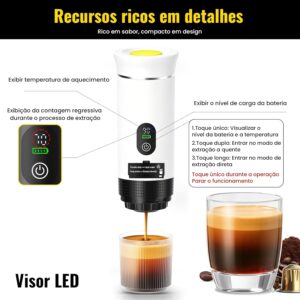 Máquina de Café Portátil 3 em 1, Cafeteira Expresso Portátil Elétrico com Bateria 2500mAh, Display Digital, Compatível com Cápsulas e Pó, 72W, 150ml, Branco - Imagem 5