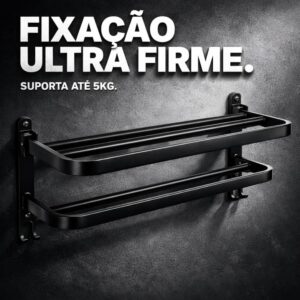 Toalheiro Duplo de Parede com Prateleira 46cm, Suporte Porta Toalhas Dobrável, Metal Preto Fosco - Imagem 7