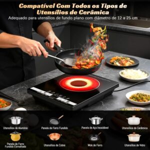 Cooktop Elétrico Portátil por Infravermelho 2200W, 14 Níveis de Temperatura - Compatível com Todos os Tipos de Panela, Temporizador, Função Travamento Infantil, 220V (Alternativa a Fogão de Indução) - Imagem 2