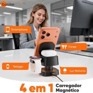 Carregador Sem Fio 4 em 1 Basike - Carregador por Indução15W Rápido Compatível para iPhone 16/15/14/13 Series, Apple Watch, AirPods com Luz de Noturna (Preto) - Imagem 5