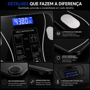 Balança Digital Bioimpedância Corporal Bluetooth até 140 kg com App | Mede Peso, IMC, Gordura, Massa Muscular, Água Corporal e Metabolismo | Smart Scale Inteligente Vidro Temperado - Imagem 8
