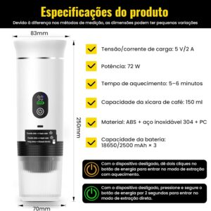 Máquina de Café Portátil 3 em 1, Cafeteira Expresso Portátil Elétrico com Bateria 2500mAh, Display Digital, Compatível com Cápsulas e Pó, 72W, 150ml, Branco - Imagem 3