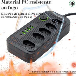 Extensão Tomada, Régua Tomada, Régua de Energia, 5 Tomadas, 4 Interfaces USB, 1 Porta USB Tipo-C, Cabo de Alimentação de 5 metros, Suporte a Tensão de 110-220V, Potência de 2500W, Preto - Imagem 6