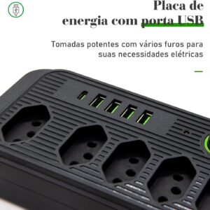 Extensão Tomada, Régua Tomada, Régua de Energia, 5 Tomadas, 4 Interfaces USB, 1 Porta USB Tipo-C, Cabo de Alimentação de 5 metros, Suporte a Tensão de 110-220V, Potência de 2500W, Preto - Imagem 4