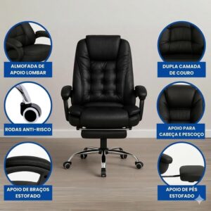 Cadeira Presidente Executiva com Apoio para Pés Retrátil | Couro PU | Reclinável 150° | Home Office e Escritório | Suporte Lombar | Giratória 360° | Preta - Imagem 4