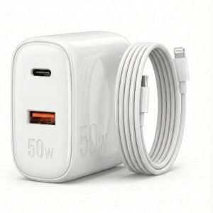 Carregador 50W + Cabo Compatível i.Phone, i.Phone X Xr 8 11 12 13 14 Plus Pro Max i.Pad, Carregamento Ultra Rapido, Fonte USB-C, Carga Rápida, Produto Homologado Anatel - Imagem 1