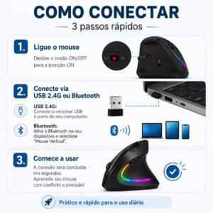 Mouse Vertical Ergonômico Recarregável Sem Fio, Dual Mode Bluetooth + 2.4G USB, Cliques Silenciosos, RGB, Compatível com PC e Notebook - Imagem 8